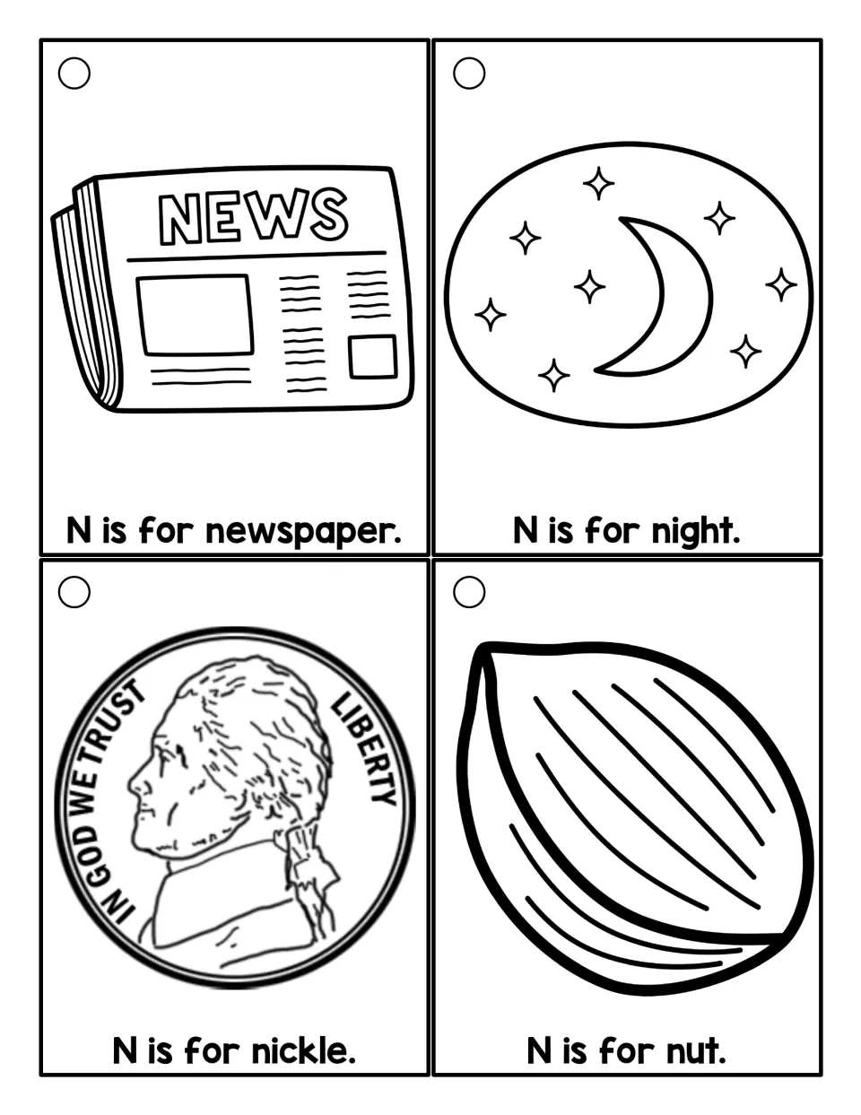 Coloring version of N cards: newspaper, night, nickel and nut outline pictures, each with a short 'N is for' sentence