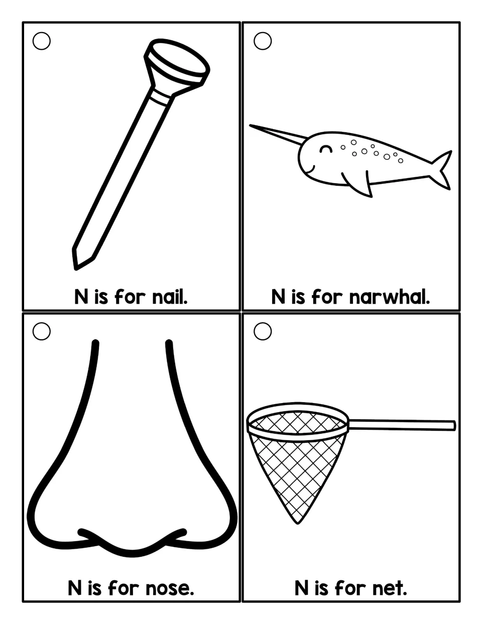 Black-and-white N sound cards: nail, narwhal, nose and net outlines for students to color and read the 'N is for' lines