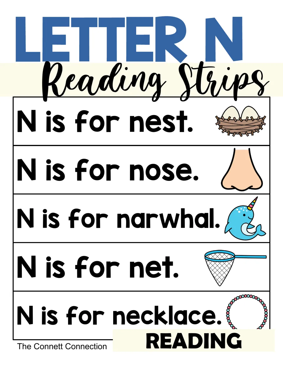Letter N Reading Strips cover showing sample sentences N is for nest, nose, narwhal, net and necklace, each with a picture