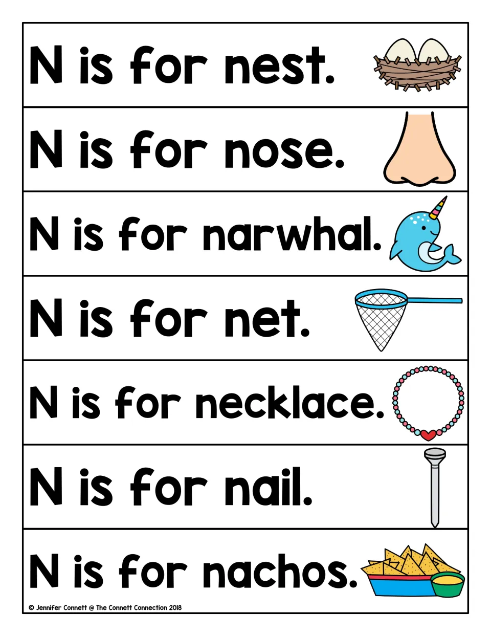 Letter N sentences: students read N is for nest, nose, narwhal, net, necklace, nail and nachos using picture clues
