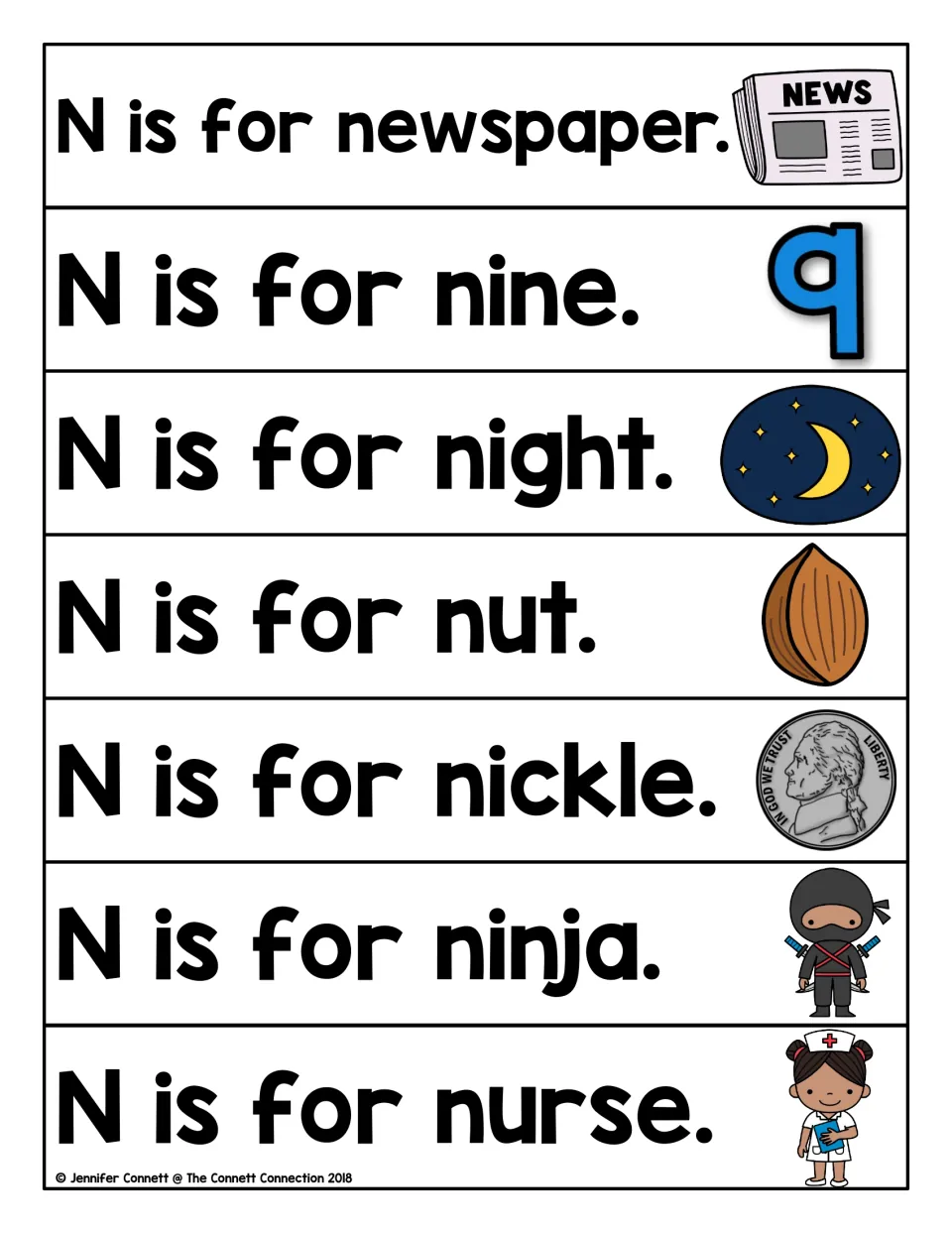 More N sentences: students read N is for newspaper, nine, night, nut, nickel, ninja and nurse with picture support