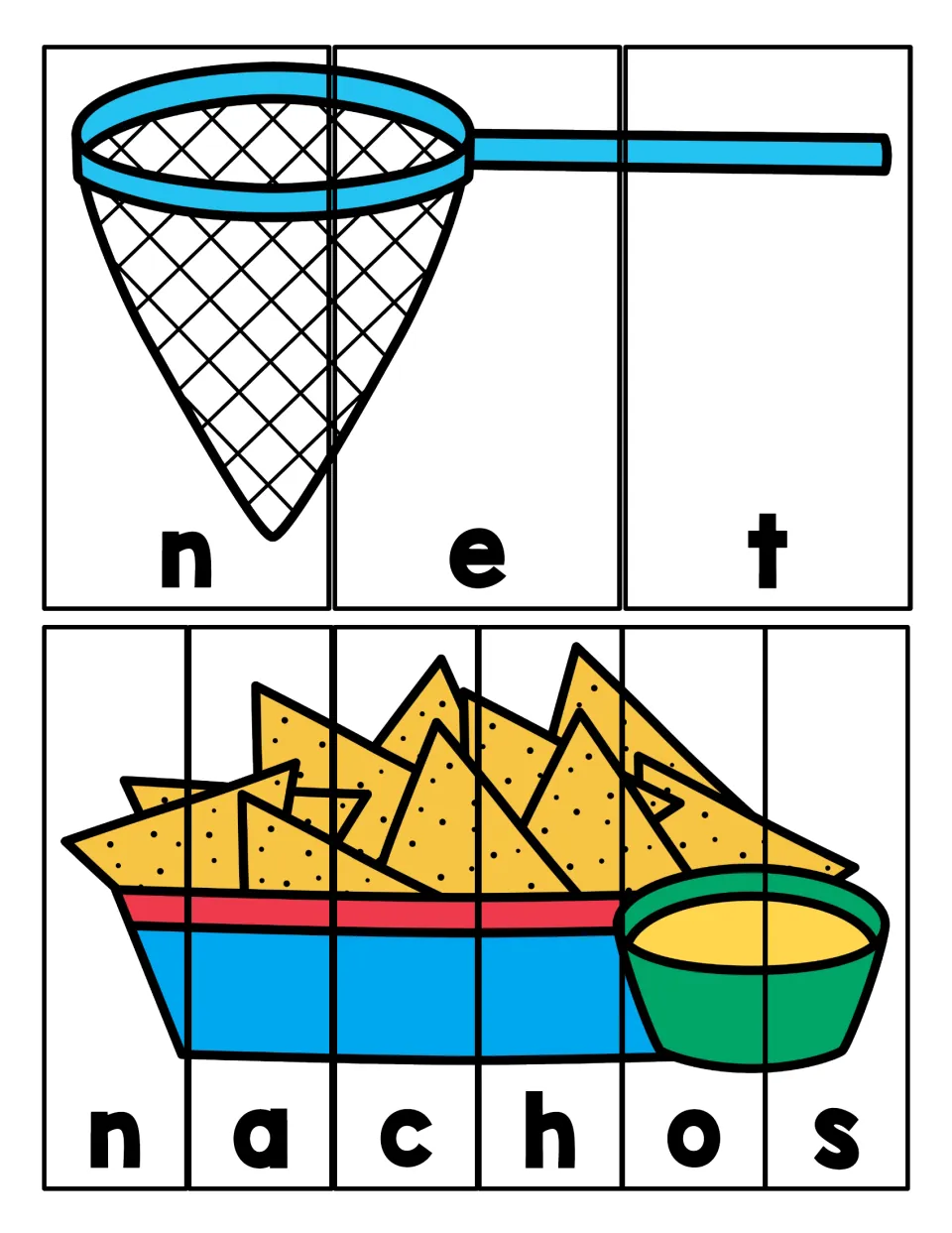 N words net and nachos: students put picture strips in letter order so each image joins up and spells the word