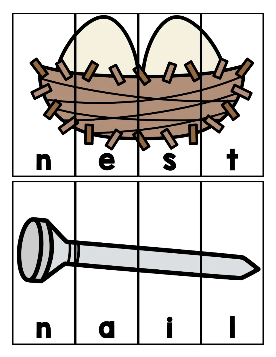 Spelling nest and nail: students order four letter strips so the egg-filled nest and the metal nail pictures are complete