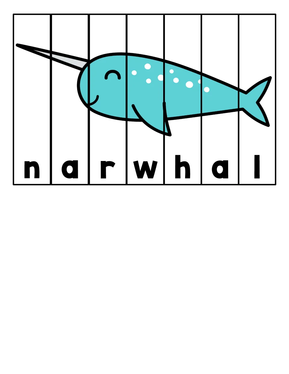 Narwhal spelling puzzle: students arrange seven strips n-a-r-w-h-a-l so the word is spelled and the whale picture joins up