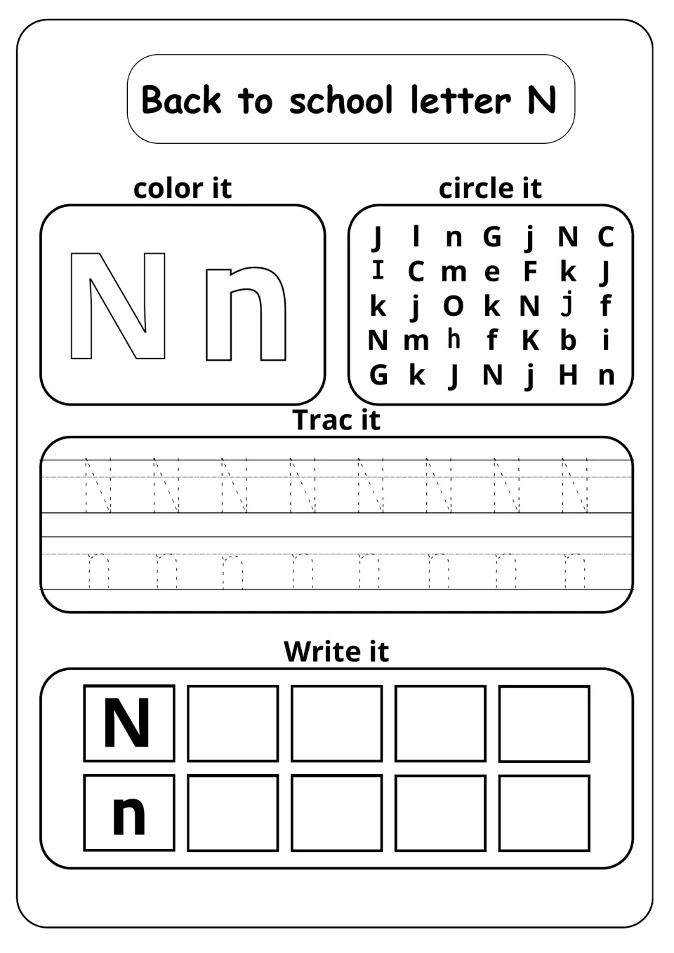 Back to school letter N: students color a bubble Nn, circle N and n in a letter grid, then trace and write N and n