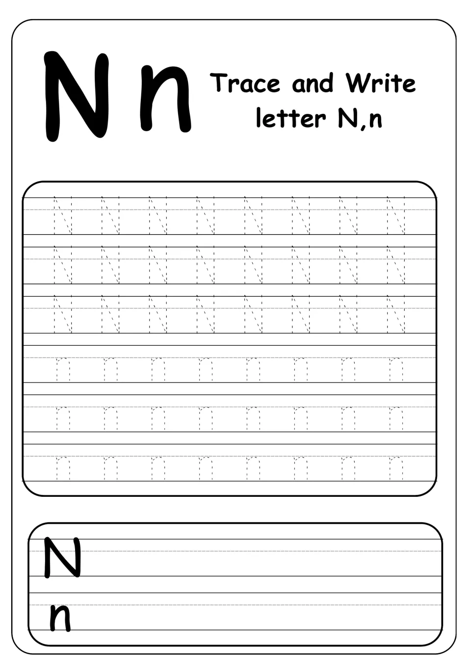 Trace and write letter N,n: students trace three rows of dotted capital N and three of lowercase n, then write their own