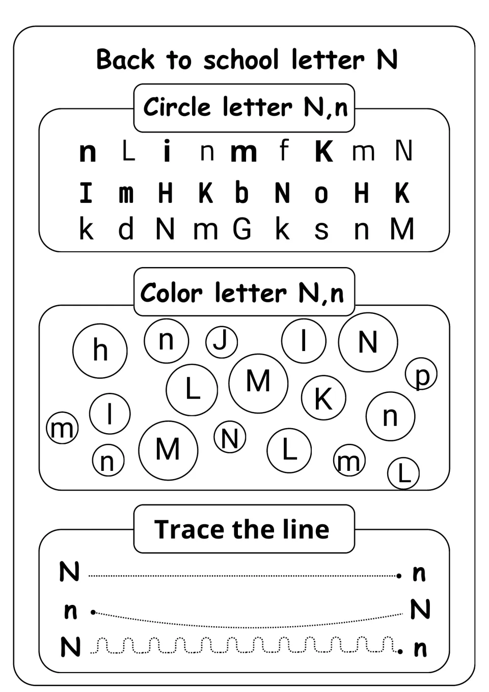 Letter N recognition: students circle N and n among mixed letters, color N and n bubbles, and trace lines joining N and n