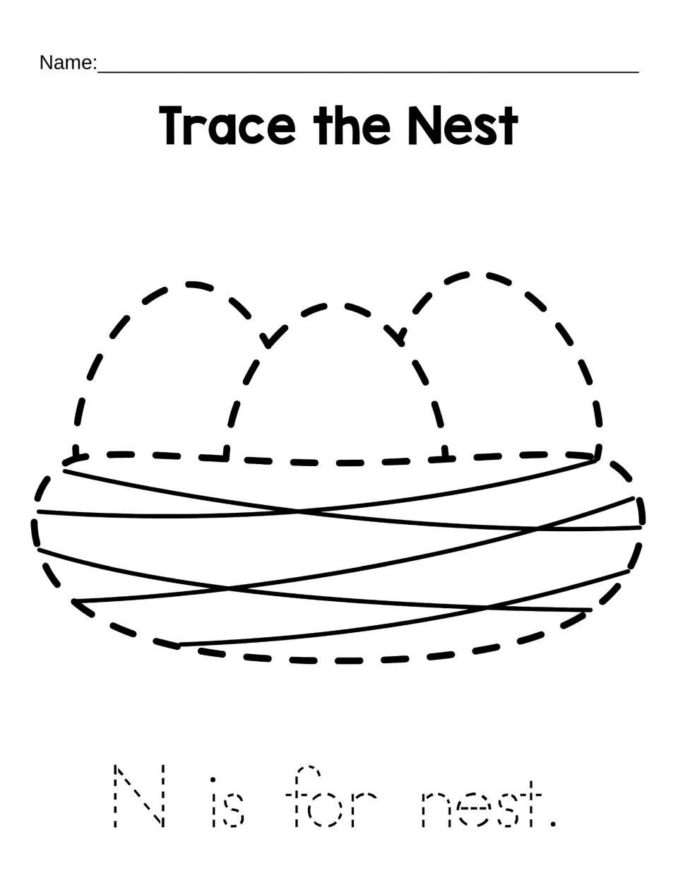 Letter N, Trace the Nest: students trace a dotted nest holding three eggs, then trace the sentence "N is for nest."