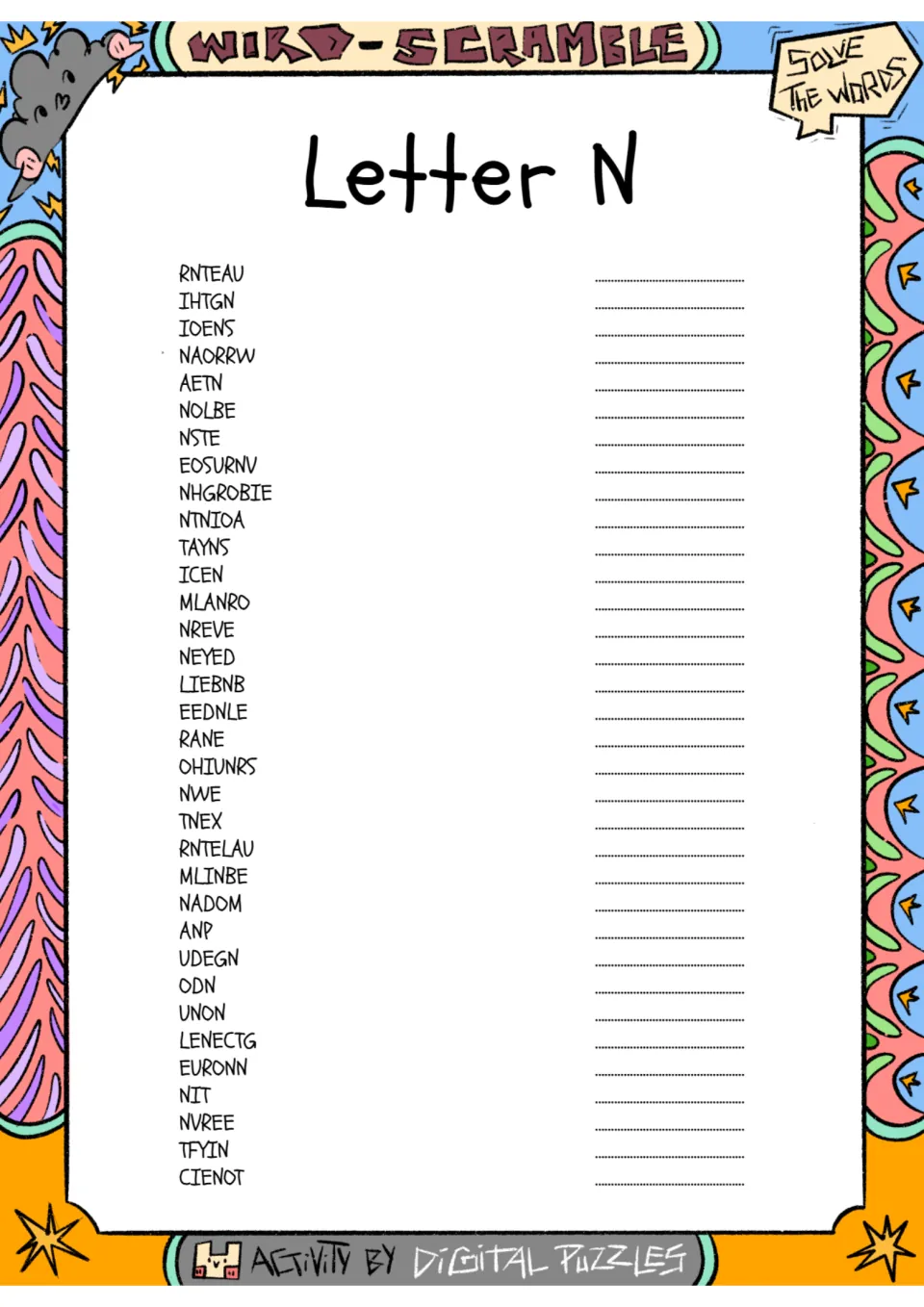 Letter N word scramble activity: 34 scrambled words, including RNTEAU, IHTGN, IOENS, NAORRW, and AETN.