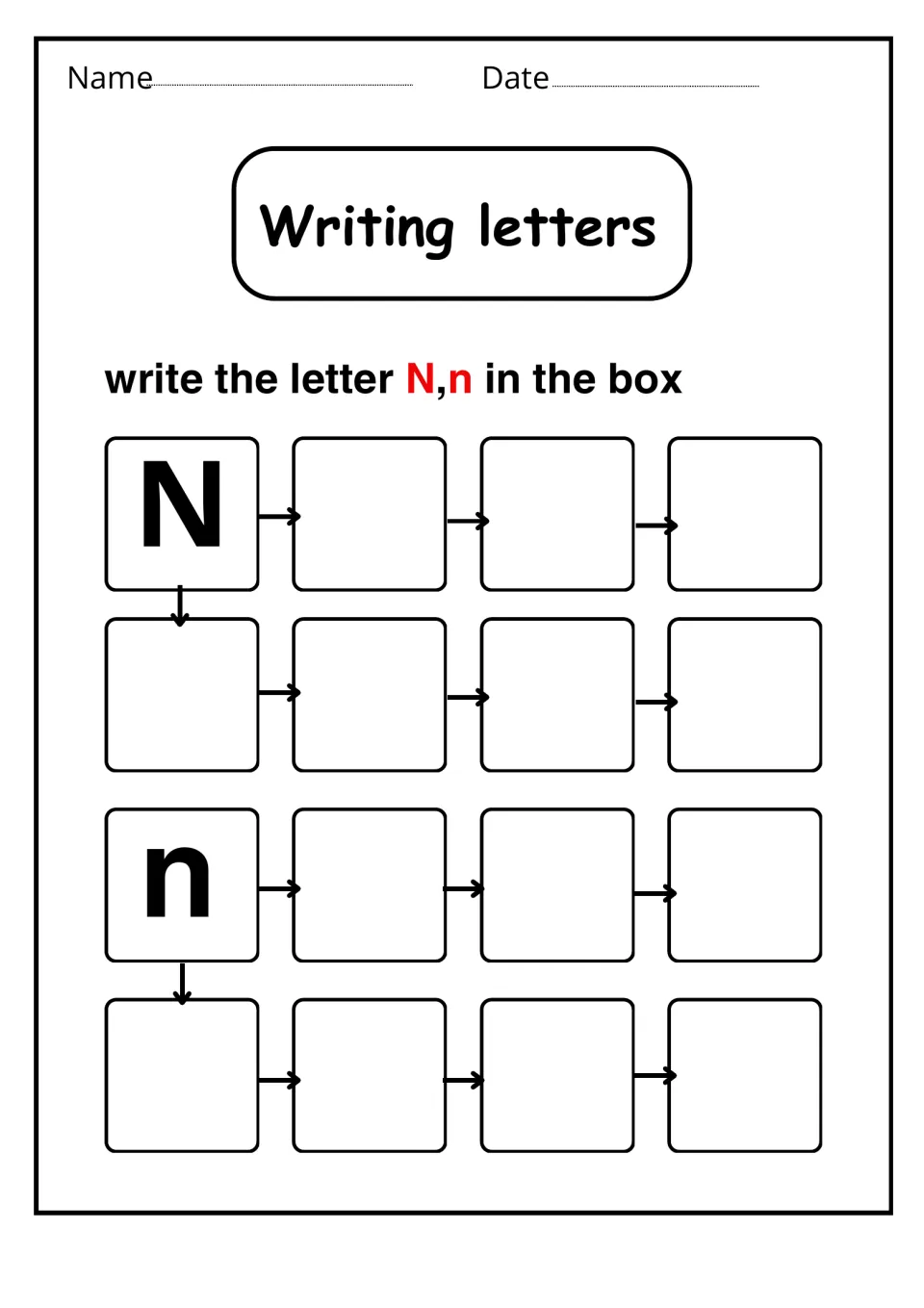 Writing letters: students copy capital N and lowercase n into each empty square, following arrows from the model letter