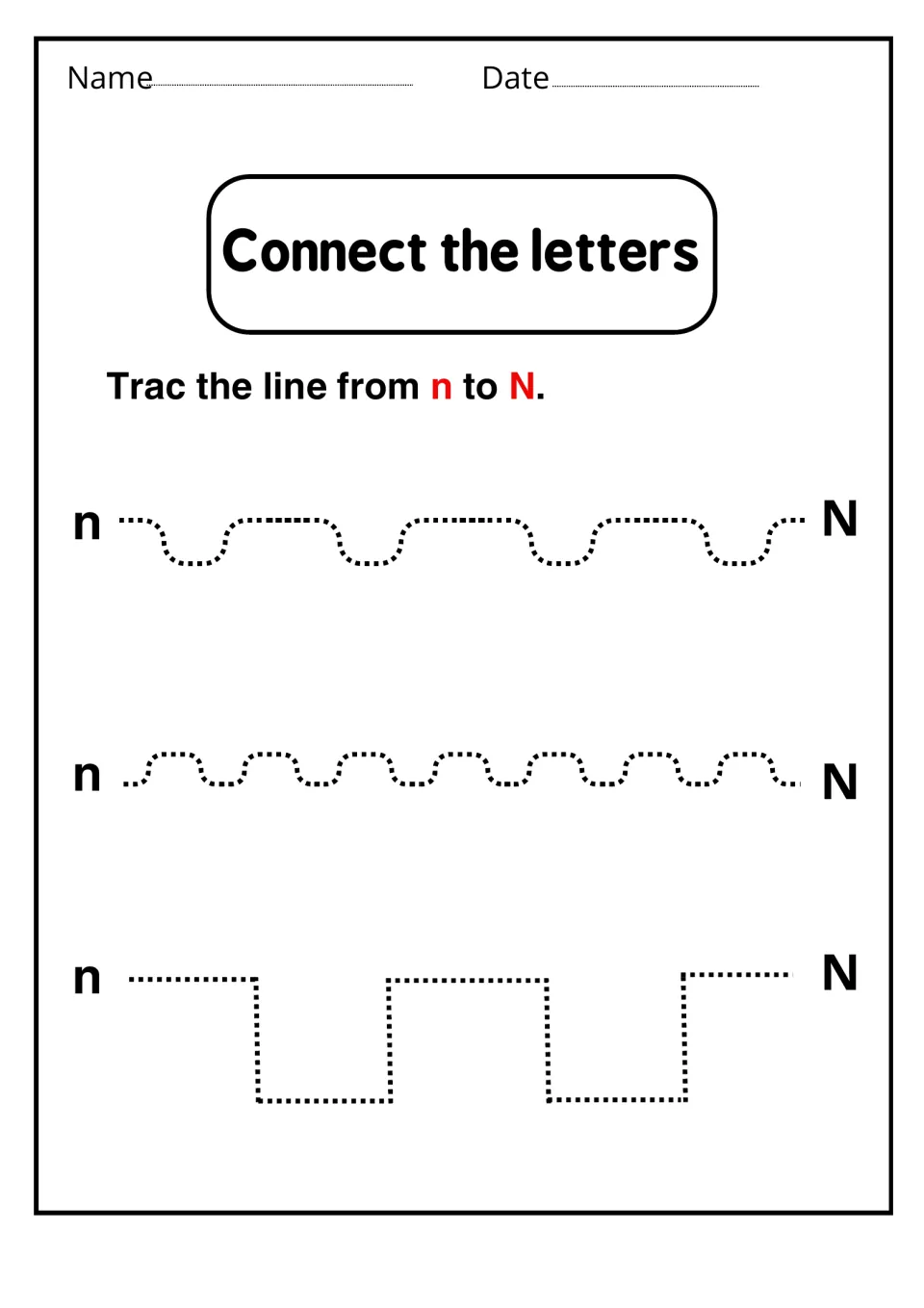 Connect the letters: students trace wavy and square dotted paths from lowercase n to capital N for pencil control
