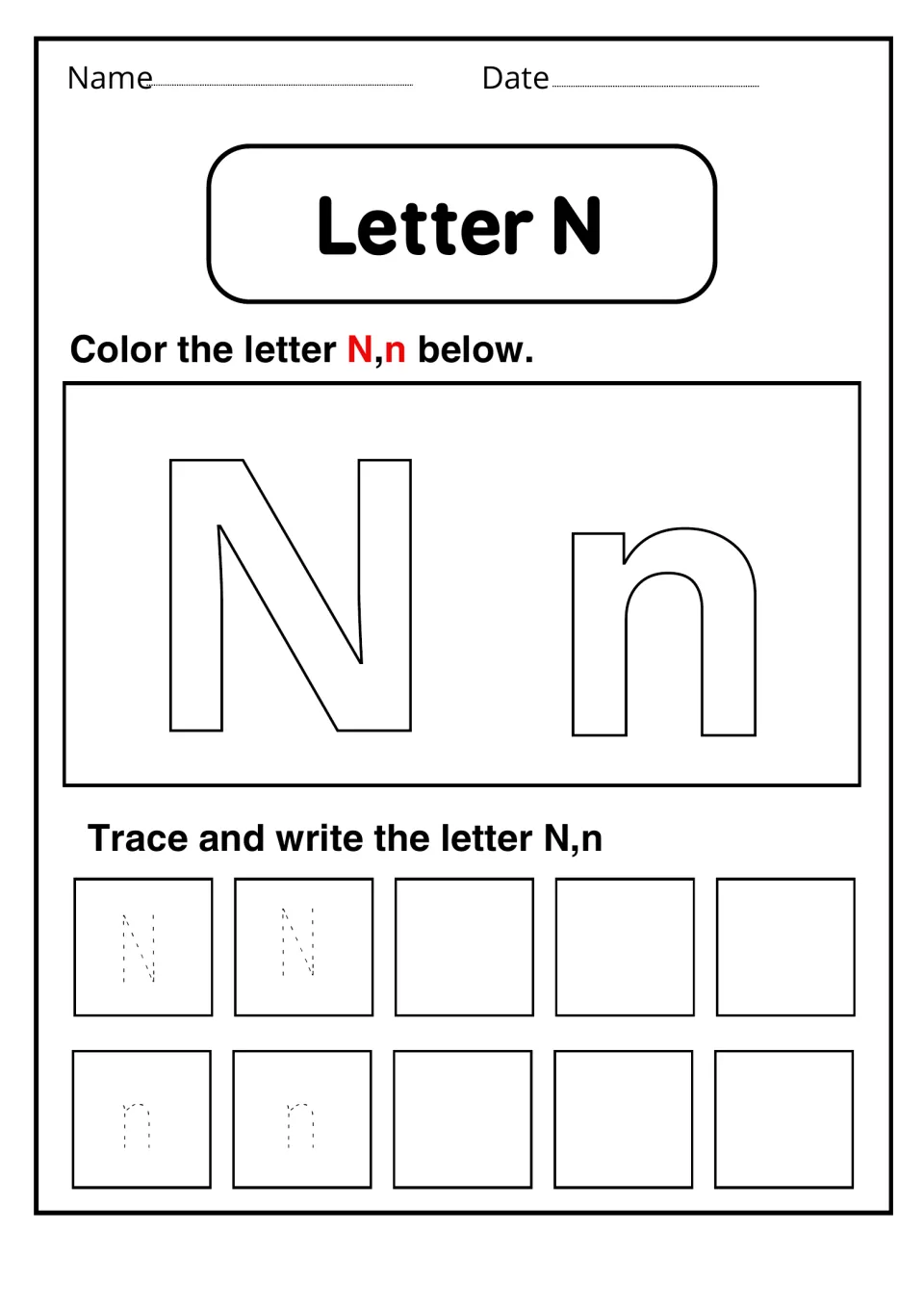 Letter N: students color a large outlined N and n, then trace two dotted examples of each and write the rest themselves