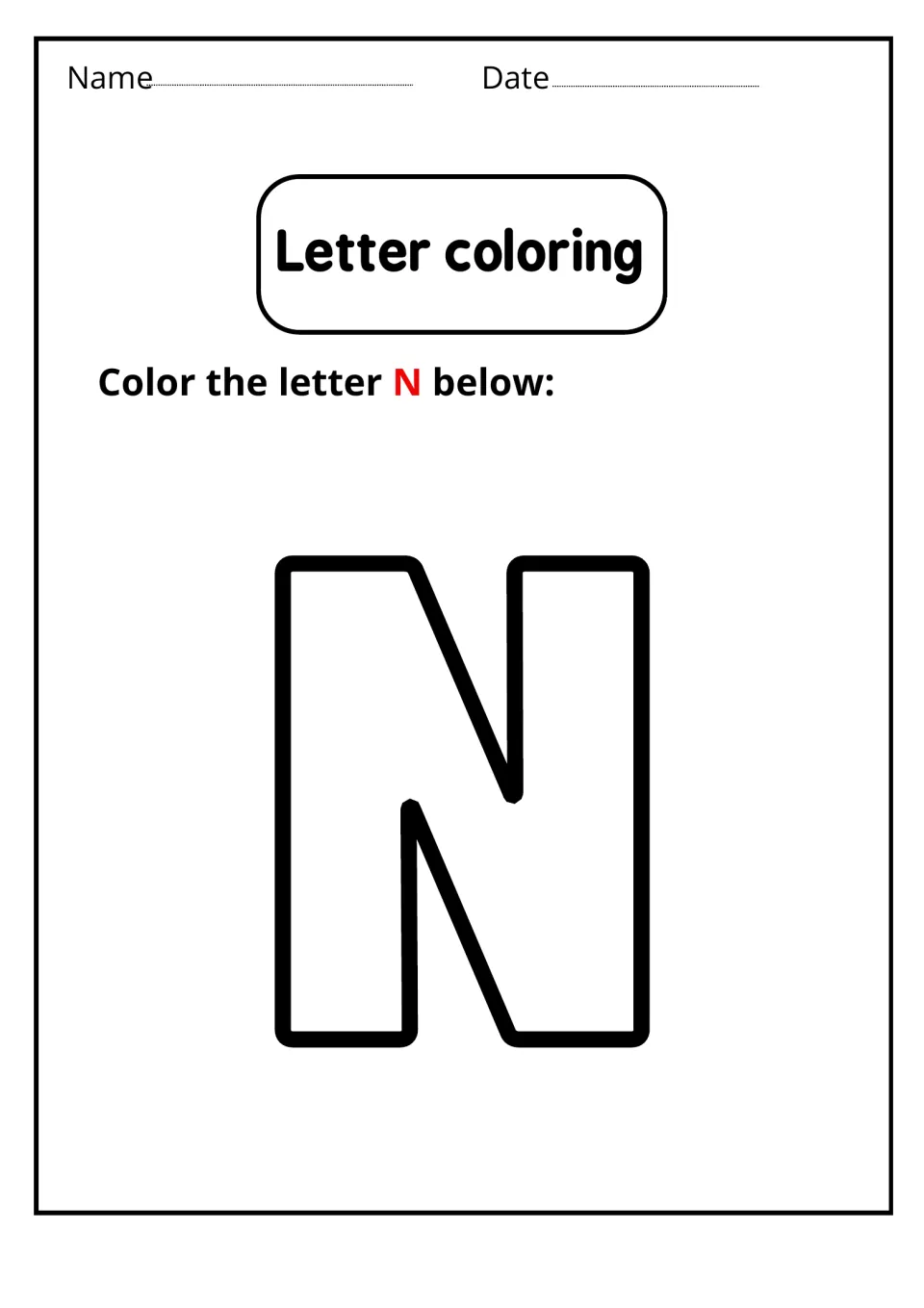 Letter coloring: students color in one large outlined capital N to practise recognizing the uppercase letter shape