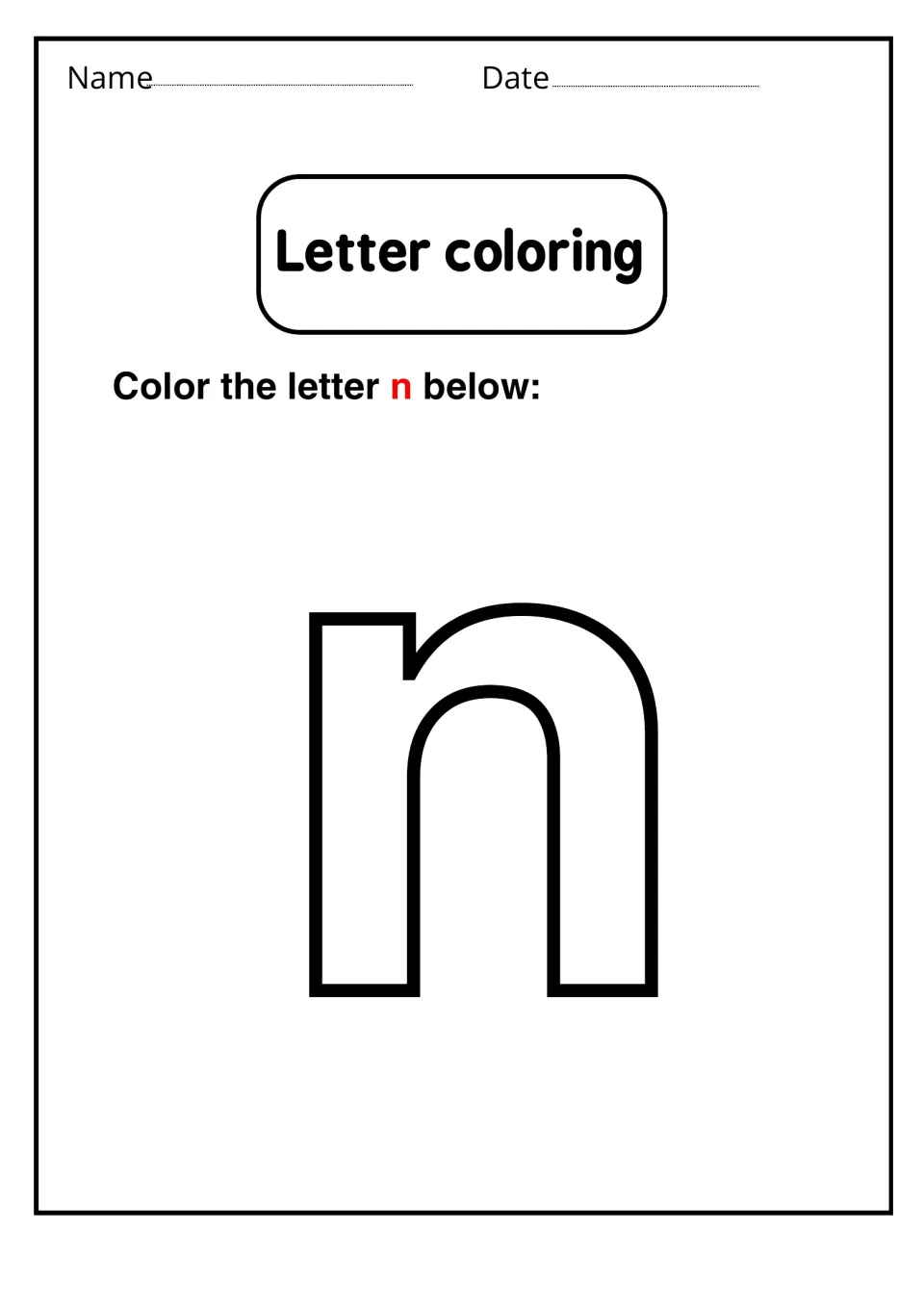 Letter coloring for lowercase: students color in one large outlined n to practise recognizing the small letter shape