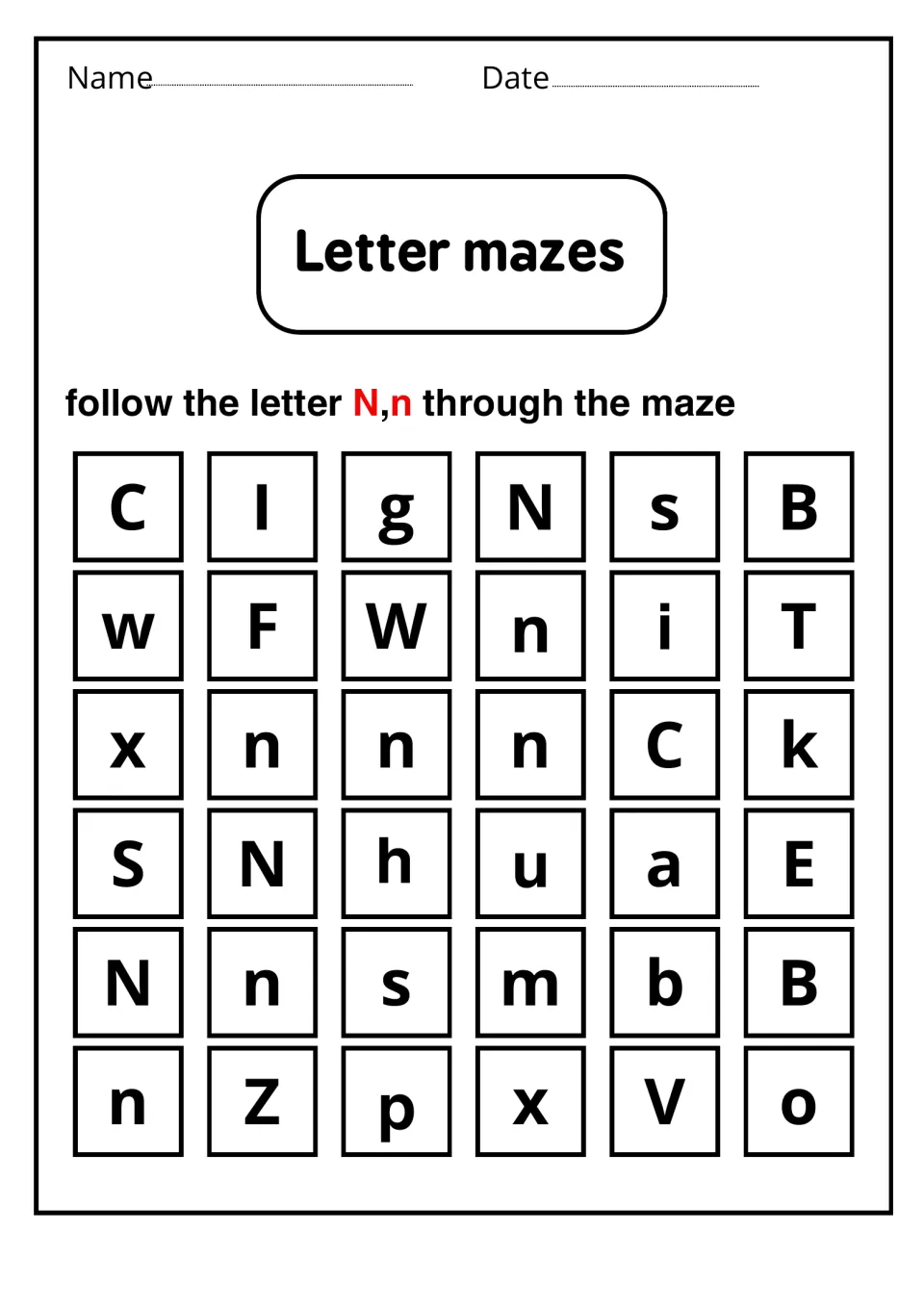 Letter mazes: students follow a path of N and n from top to bottom, skipping other letters, for letter recognition