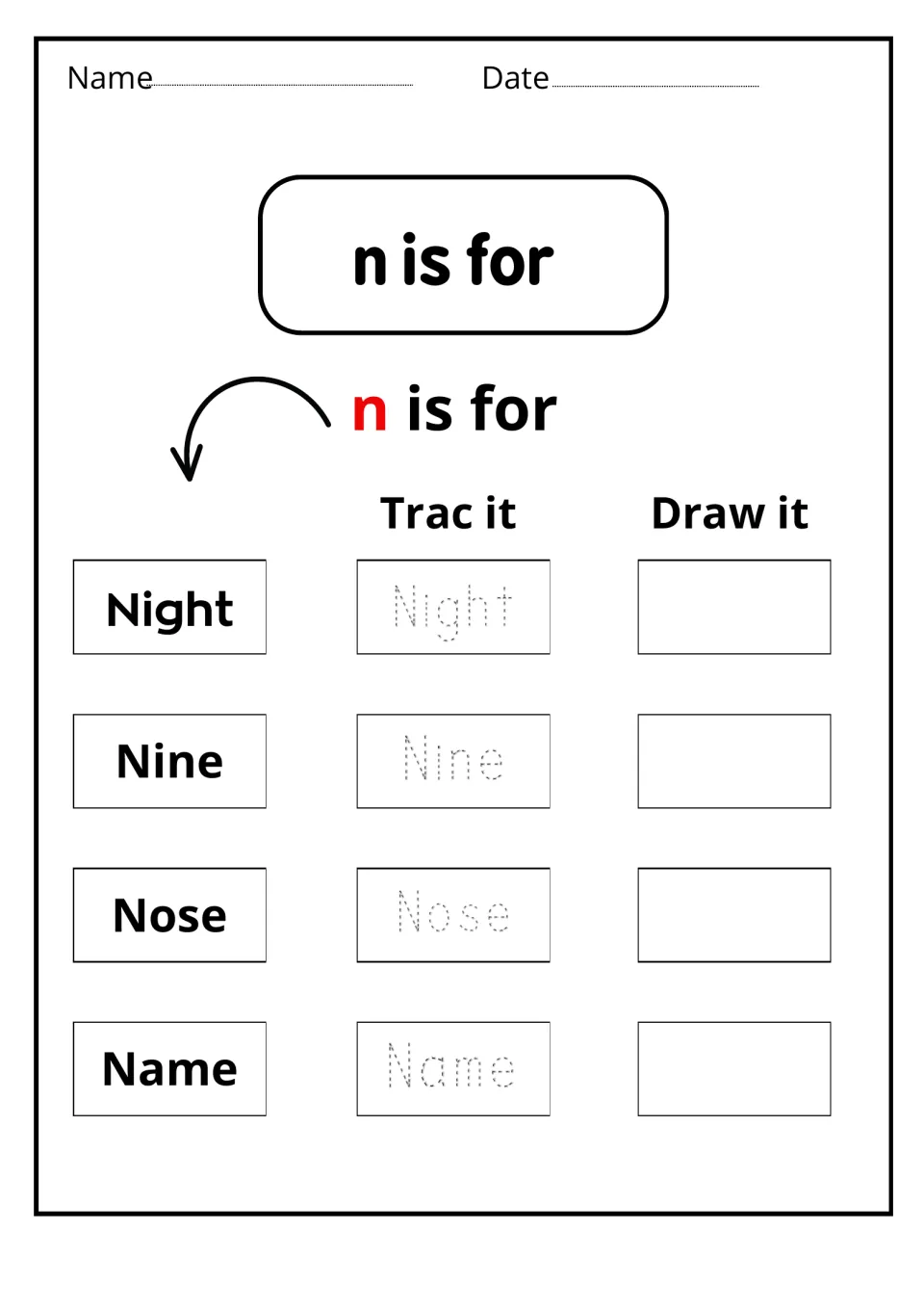 n is for: students read Night, Nine, Nose and Name, trace each dotted word, then draw a picture for it