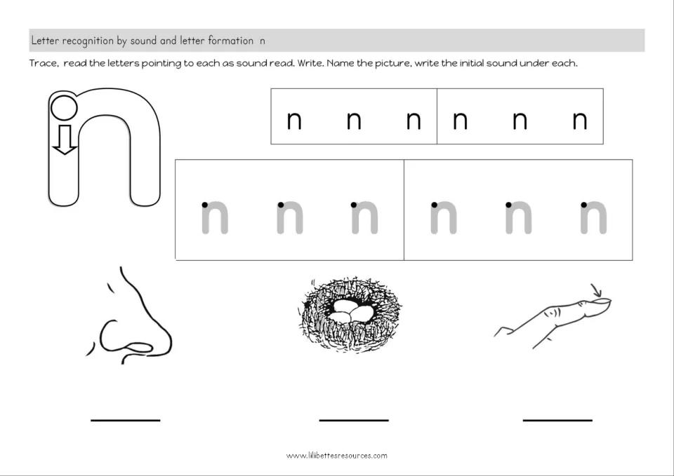 Letter n practice sheet: read and trace lowercase n, then write the initial sounds for nose, nest, and nail
