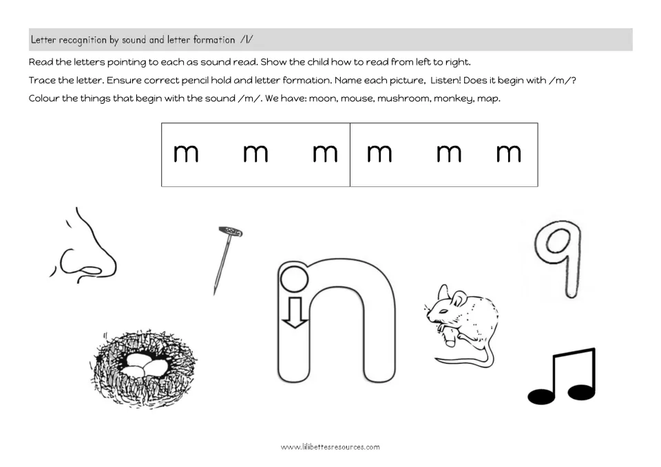 Sound practice sheet showing repeated m letters, a large n to trace, and nose, nail, nest, and mouse pictures