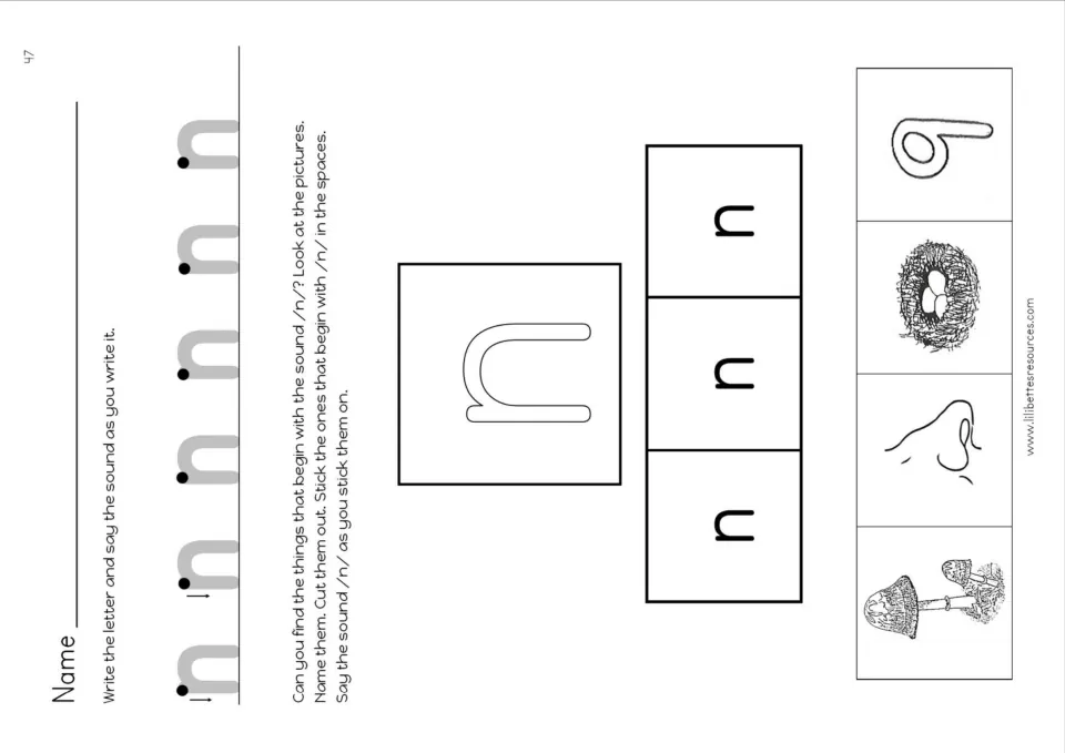 Letter n cut-and-paste sheet: trace n and choose pictures beginning with /n/ from mushroom, nose, nest, and nine