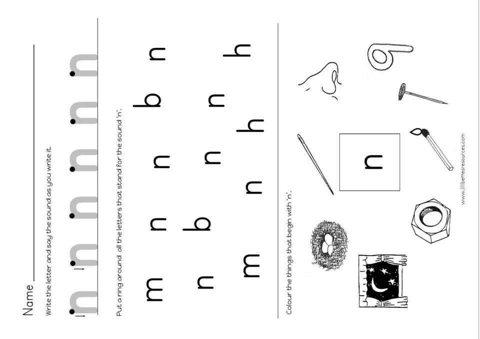 Letter n recognition sheet: trace n, circle n among m, b, and h, and color pictures that begin with n