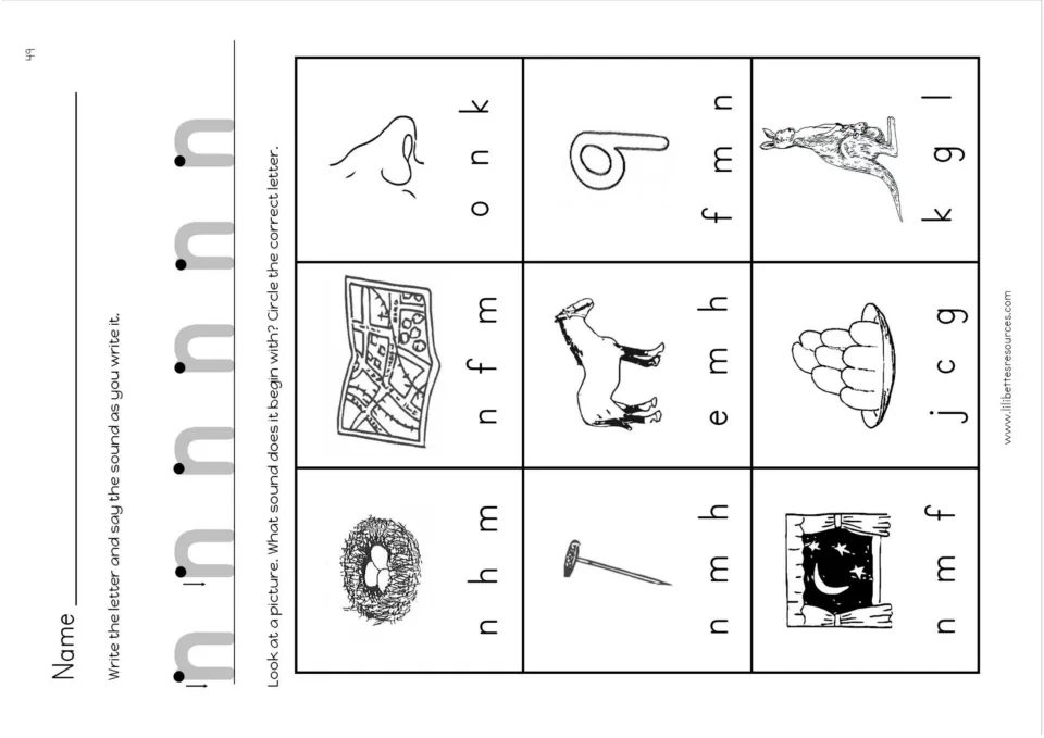 Beginning-sound choice sheet: trace n and circle letters for nest, map, nose, nail, horse, and four more