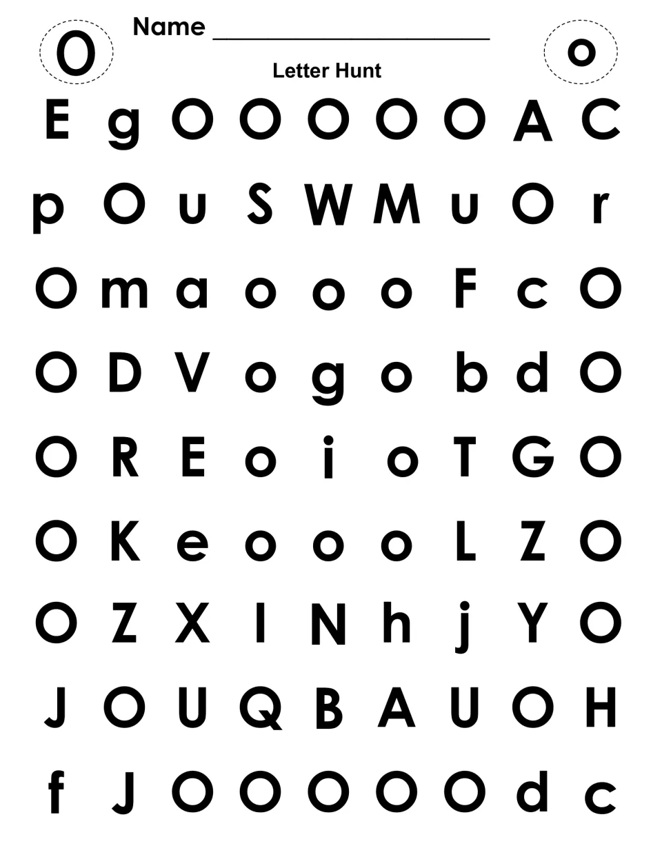 Letter Hunt: students find and dot every capital O and lowercase o mixed among other letters to tell O from look-alikes