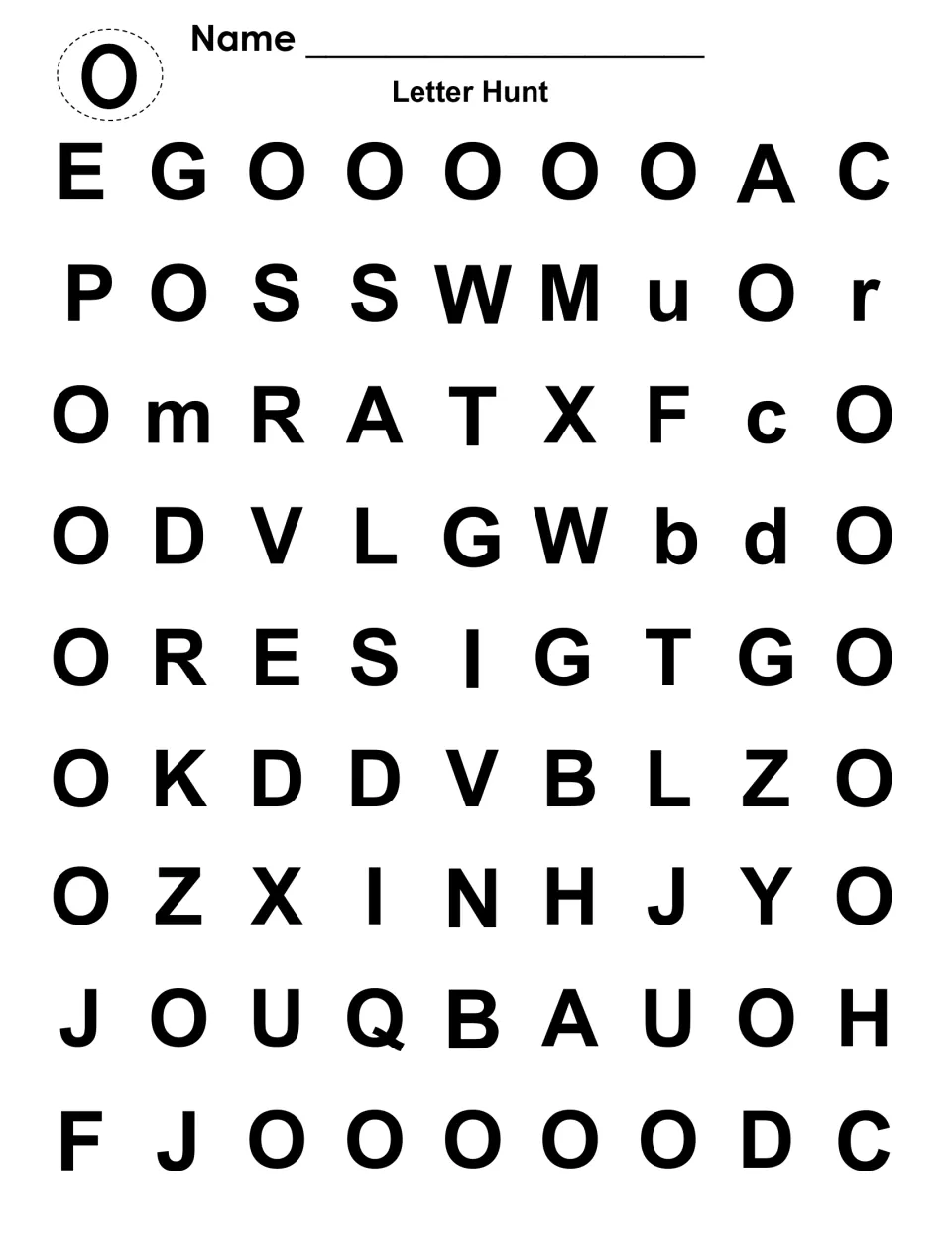 Capital O hunt: students search mostly uppercase letters and mark each O, skipping similar shapes like G, Q and C
