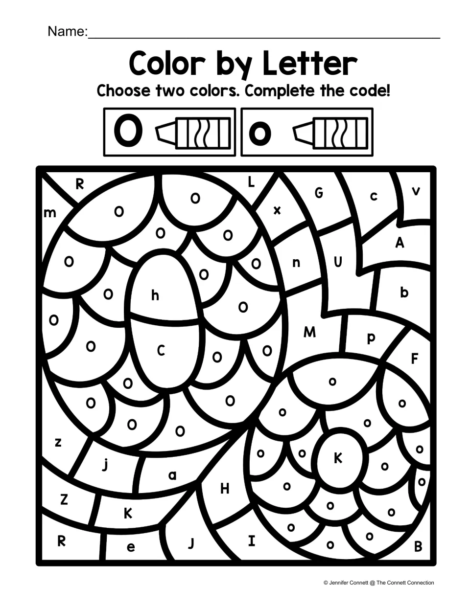 Letter O color-by-code worksheet featuring large O and o shapes and a code for uppercase O and lowercase o.
