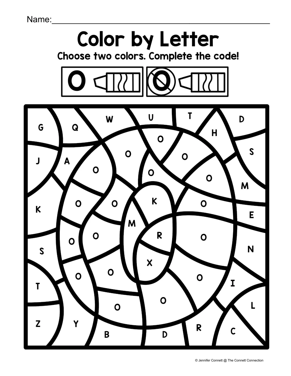 Uppercase O color-by-code worksheet featuring a large O filled with letters and a code for O versus other letters.