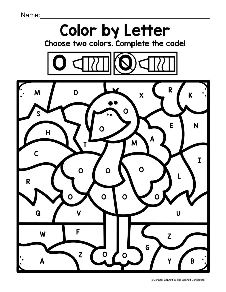 Letter O color-by-code worksheet featuring an ostrich marked with uppercase O among other uppercase letters.