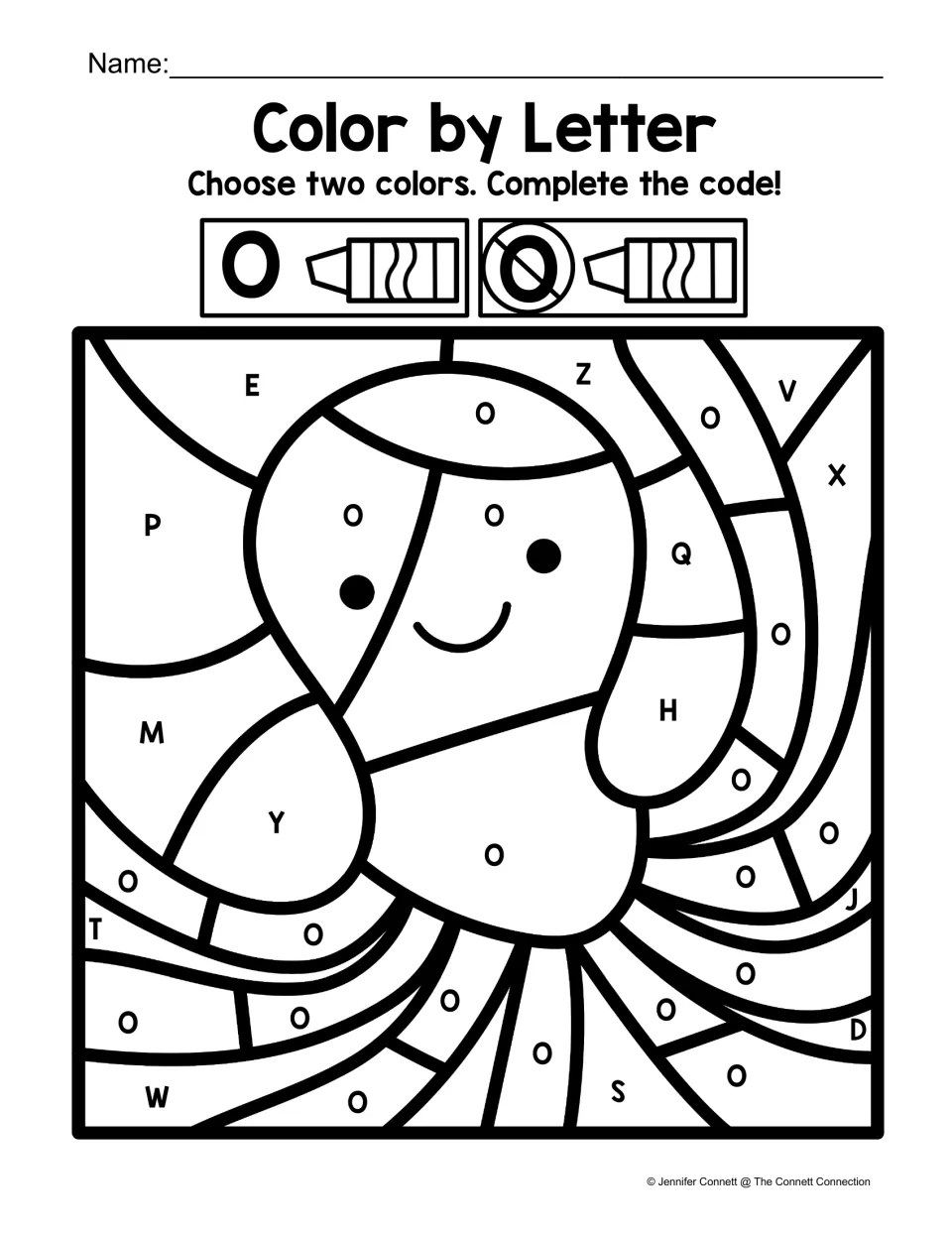 Letter O color-by-code worksheet featuring an octopus marked with uppercase O among other uppercase letters.