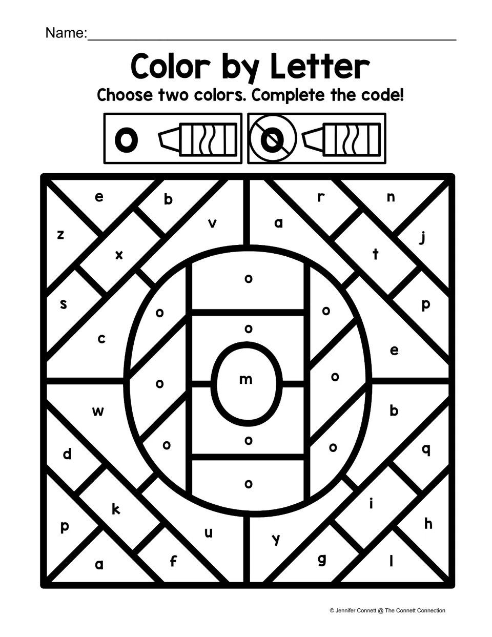Lowercase o color-by-code worksheet featuring a large o filled with letters and a code for o versus other letters.