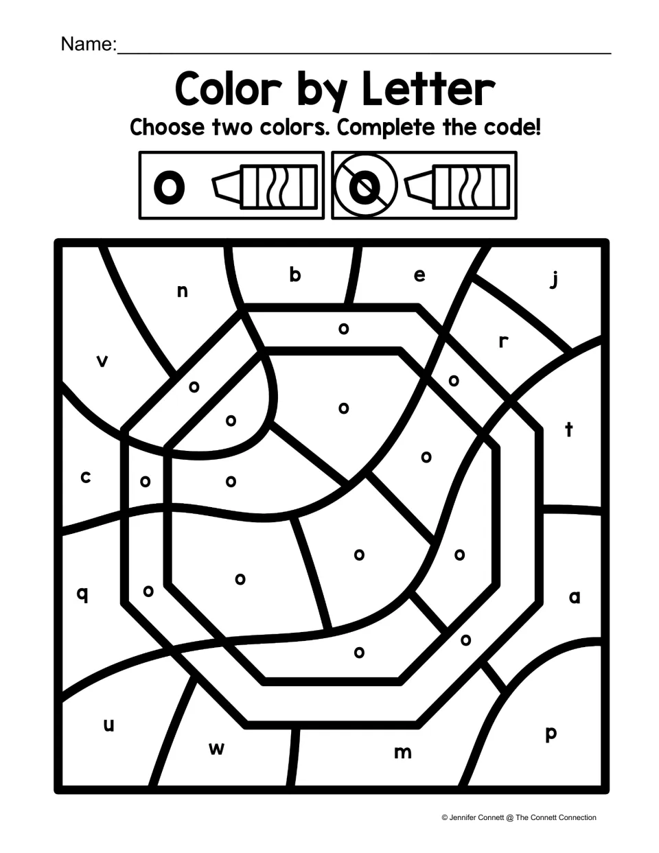 Letter O color-by-code worksheet featuring an octagon marked with lowercase o among other lowercase letters.