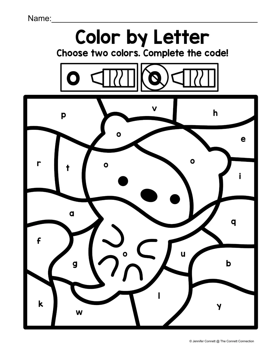 Letter O color-by-code worksheet featuring an otter marked with lowercase o among other lowercase letters.