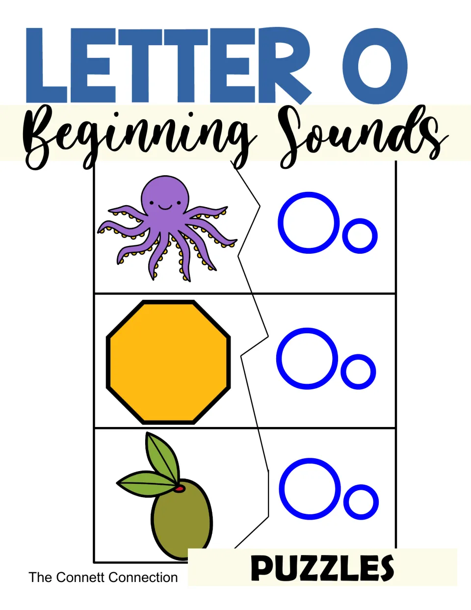 Letter O beginning sounds cover: two-part puzzles pairing an octopus, octagon and olive with uppercase and lowercase Oo