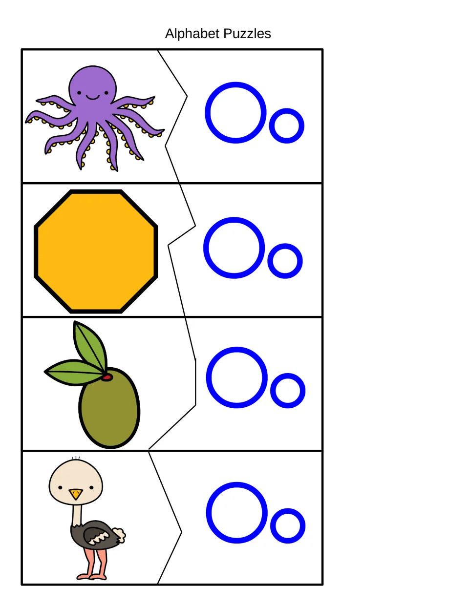 Beginning O sound puzzles: students match octopus, octagon, olive and ostrich picture halves to Oo letter halves