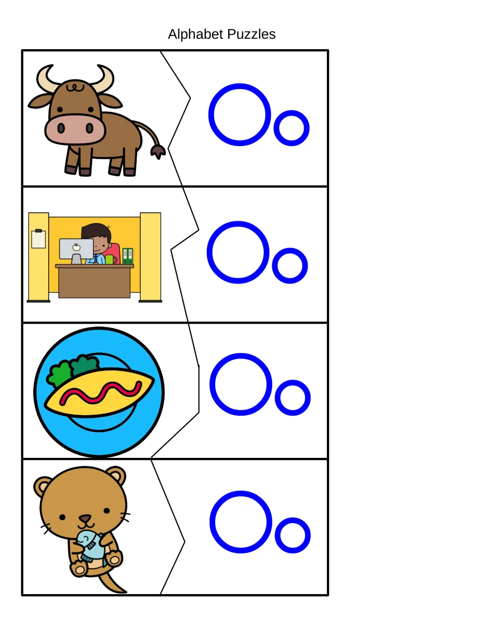 Letter O puzzles: students join ox, office, omelet and otter picture pieces to Oo pieces, matching beginning sounds