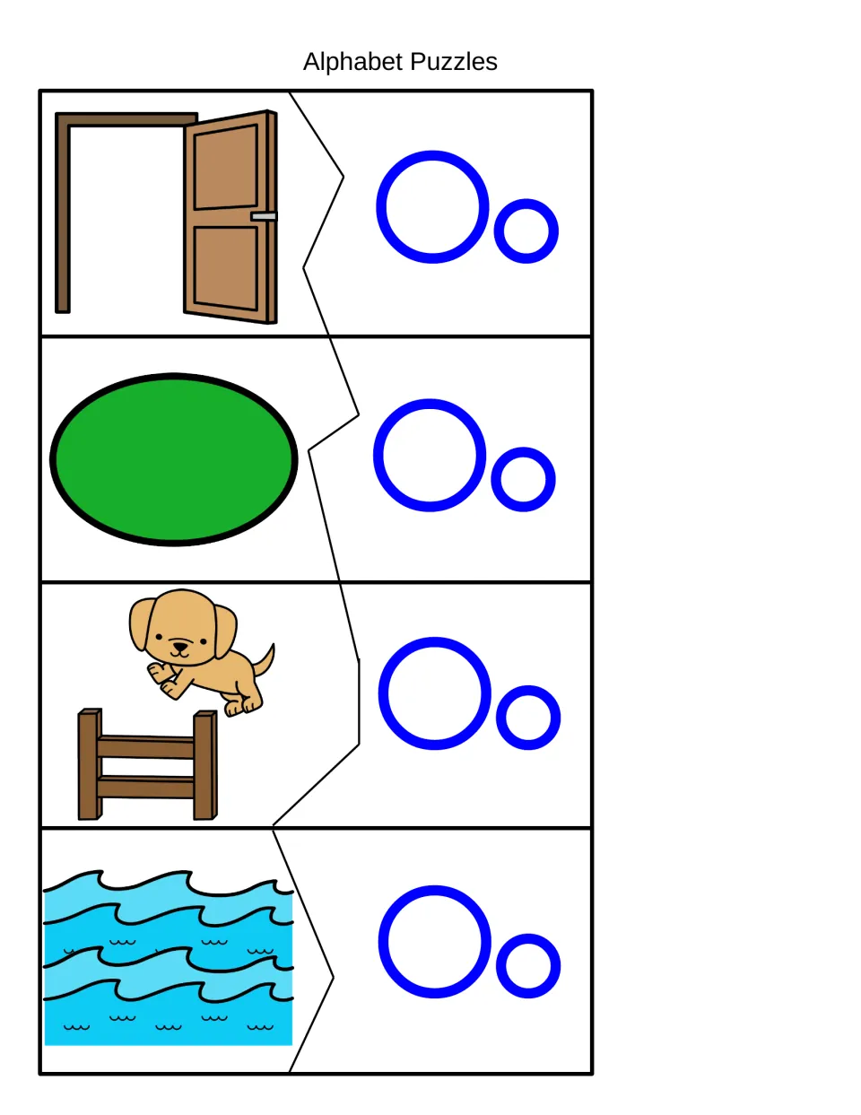 O sound puzzles: students pair pictures of an open door, oval, dog jumping over a fence and ocean waves with Oo halves