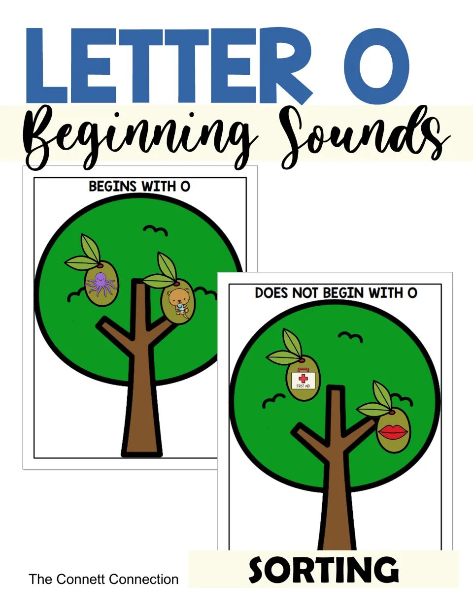Letter O beginning sounds sorting cover: two tree mats, Begins With O and Does Not Begin With O, with olive picture cards