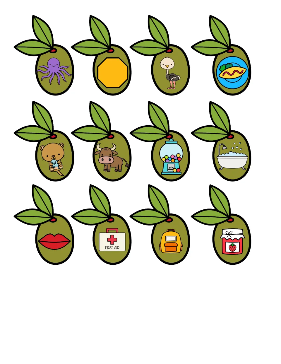 12 olive cards to cut and sort by first sound: octopus, octagon, ostrich, omelet, otter, ox, gumballs, bath, lips, jam