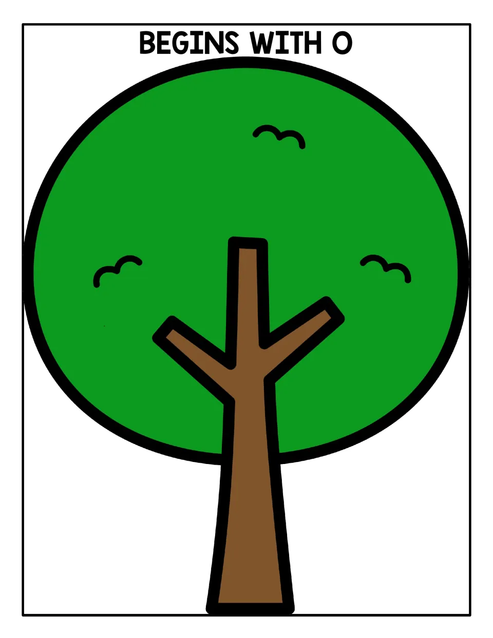 Begins With O sorting mat: a tree where students place olive cards whose pictures start with the O sound