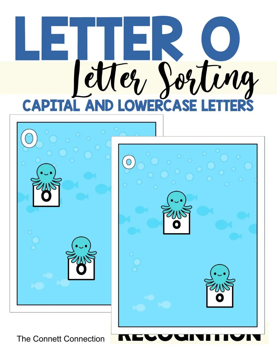 Letter O letter sorting cover: octopus cards with capital O and lowercase o placed on two ocean sorting mats