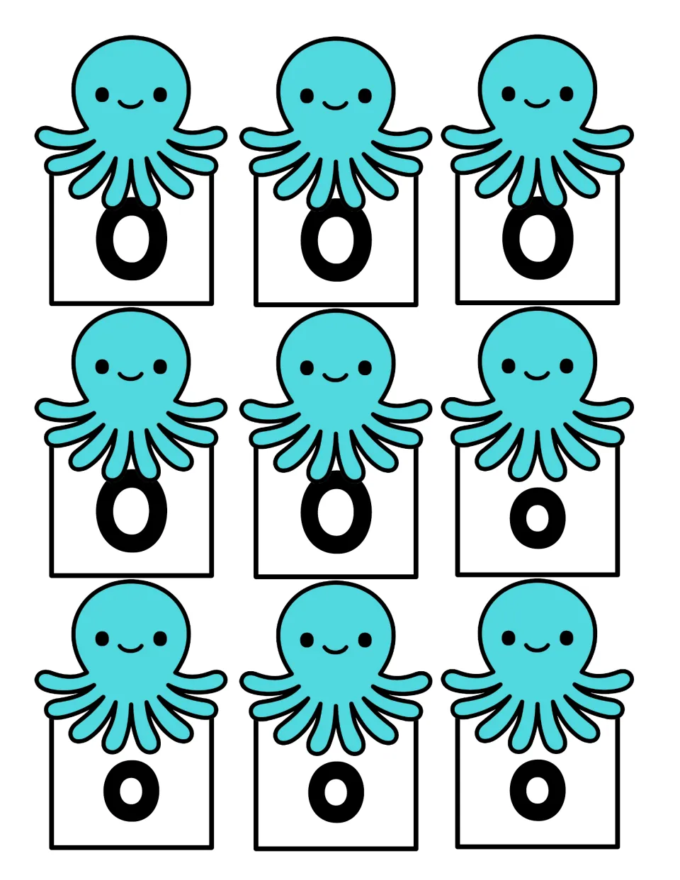 Nine octopus letter cards to cut out: five show capital O and four show lowercase o, for sorting by letter case