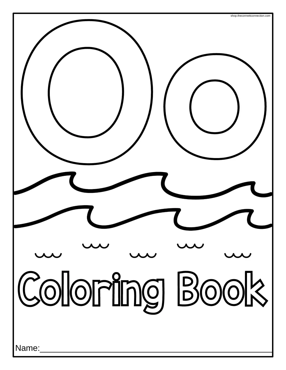 Letter O coloring book cover: bubble uppercase and lowercase O above ocean waves, a Coloring Book title and a name line