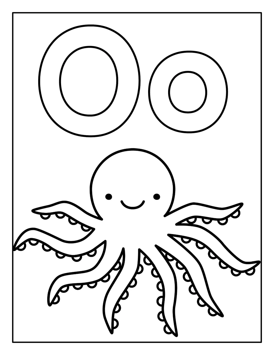 Letter O coloring page: students color bubble uppercase and lowercase O and a smiling octopus with curling tentacles