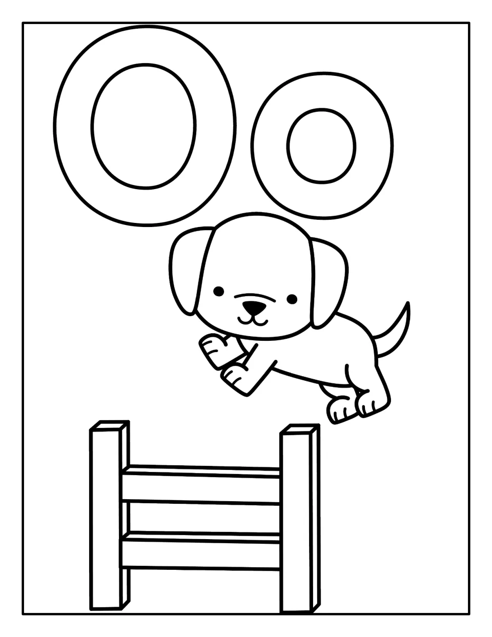 Letter O coloring page: students color bubble O and o plus a floppy-eared puppy jumping over a wooden hurdle