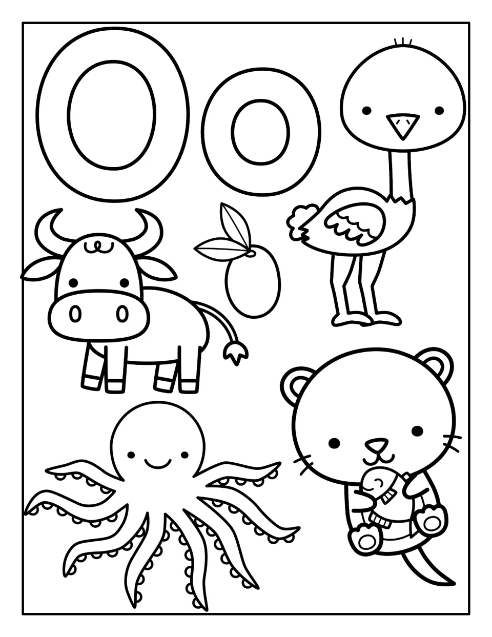 Letter O picture page: students color bubble O and o with an ox, olive, ostrich, octopus and otter that begin with O