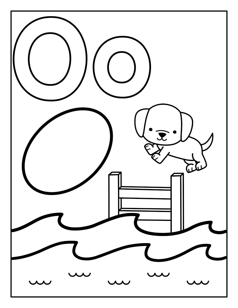 Letter O scene: students color bubble O and o, a large oval, a puppy jumping over a hurdle and ocean waves below