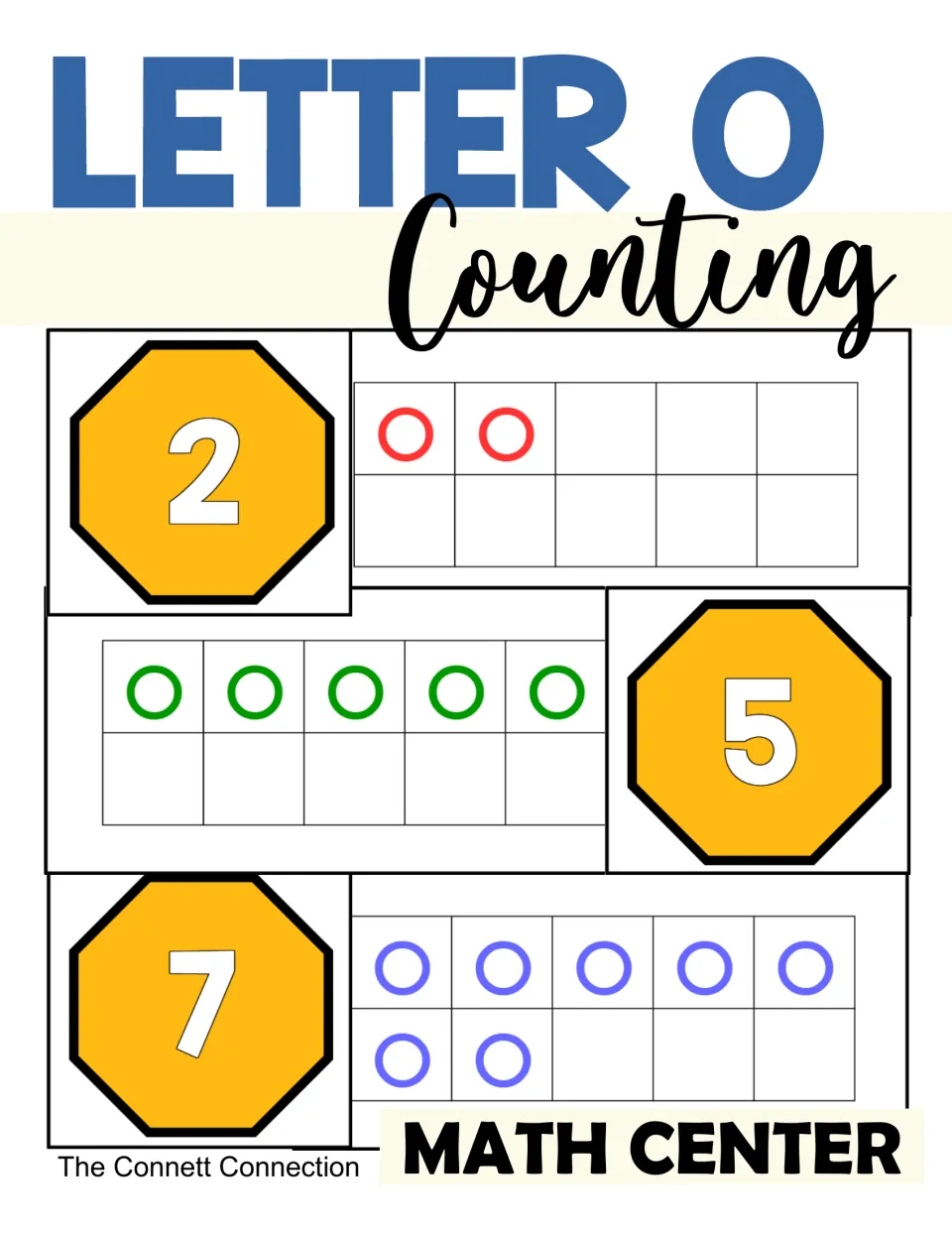 Letter O Counting to 10 Center cover showing numbered octagons matched to ten frames with 2, 5, and 7 o's