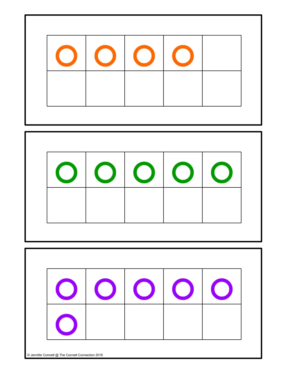 Counting center ten-frame cards for 4, 5, and 6, using lowercase o's to match the numbered octagon cards